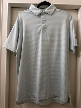 Men's FootJoy light blue and mint stripe performance polo shirt